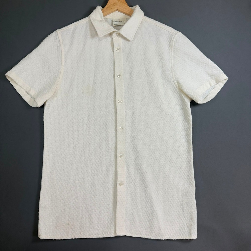 Larsson & Co Premium Camp Shirt Mens Small Ivory Textured Short Sleeve Button Up